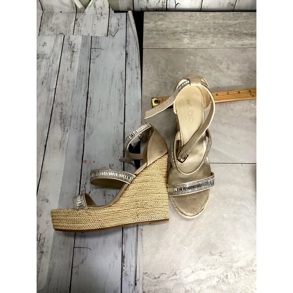 Aldo (Sz 6) Silver Rhinestone Ankle Strap Open Toe Wedge Sandals Platform Heels - Picture 1 of 4